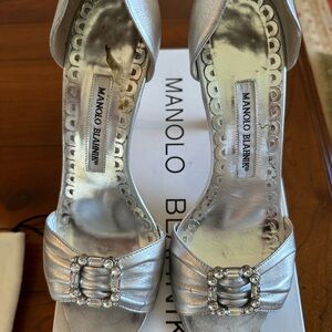 Manolo Blahnik Silver Heels with Crystal Buckle